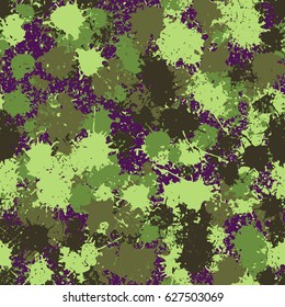 Seamless pattern. Chaotic blots and splashes of different colors. Fashionable camouflage. Purple, khaki, green, pale green.