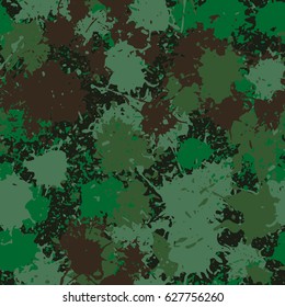 Seamless pattern. Chaotic blots and splashes of different colors. Fashionable camouflage. Brown, green, khaki, dark green.