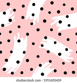 Seamless pattern with chaotic brush strokes and small round spots. Grunge, watercolour, paint. Trendy vector illustration.