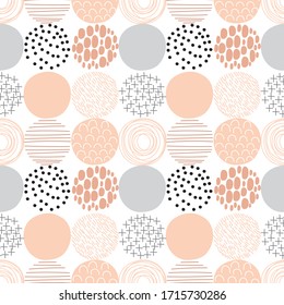 Seamless pattern chaotic circle background. Hand drawn various shapes. Line doodle. Pink color wallpaper. Abstract texture. 