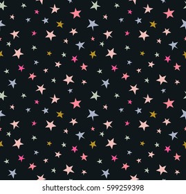 Seamless pattern with chaotic color stars on the dark background. Vector illustration.