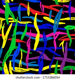 Seamless pattern chaotic colorful lines chalk grid design abstract simple scandinavian style black background grunge texture. trend of the season. Can be used for Gift wrap fabrics wallpapers. Vector