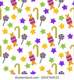 Padrão contínuo com confete caótico. Fundo abstrato do vetor. Formas simples bonitas de doces, estrelas, corações e bolinhas em uma paleta alegre são perfeitos para embrulhar presentes.