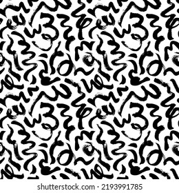 Seamless pattern with chaotic curly lines. Messy doodles, bold curvy lines ornament. Hand drawn monochrome vector pattern. Black grunge brush strokes, swirls, bold curls. Chaotic scribbles.