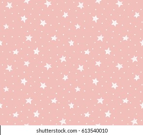 Seamless pattern with chaotic dots and stars on the pink background. Vector hipster background.