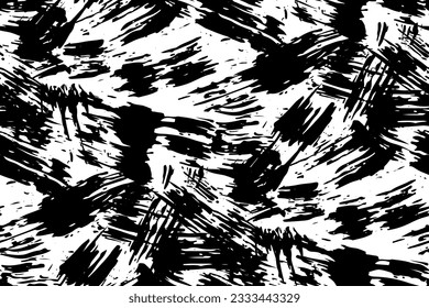 Seamless pattern, chaotic grunge texture with paint splashes, dry brush strokes. Abstract background, trendy graphic design with ink stripes and blots. Black and white illustration, vector.