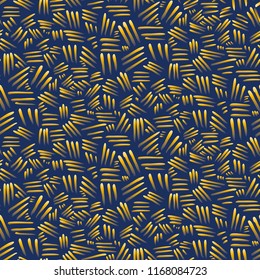 Seamless pattern with chaotic hand drawn yellow firework lines on night sky background. Abstract winter holiday texture for textile, wrapping paper, cover, surface, wallpaper