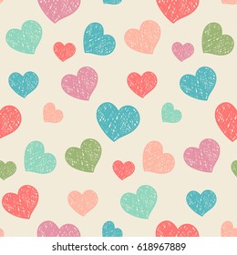 Seamless pattern with chaotic hearts. Shaded shapes are arranged in random order. Romantic background. It can be used for wallpaper, textiles, tiles, wrapping, card, cover. Vector illustration, eps10