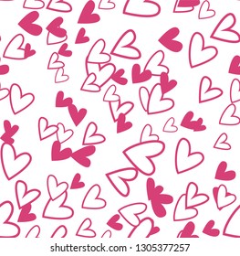 Seamless pattern with chaotic hearts -Valentines day design, vector love romantic background.
