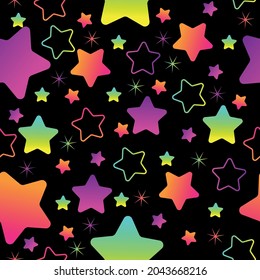 Seamless pattern with chaotic neon stars on black background. Endless abstract modern design for wrapping paper, stationery, textile, scrapbooking paper. Eps 10. Vector illustration