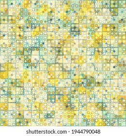 Patrón sin foco. Tonos caóticos de color amarillo y azul verdoso. Textura de círculos y cuadrados.