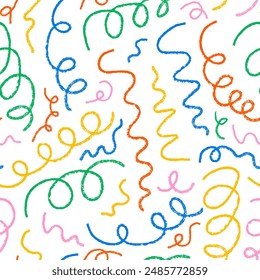 Seamless pattern with chaotic squiggly colorful crayon lines. Vector outline background. Abstract curly and quirky charcoal doodles