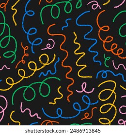 Patrón sin fisuras con líneas de crayón coloridas squiggly caóticas. Fondo de esquema de Vector. Abstractas garabatos rizados y peculiares