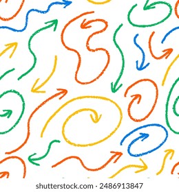Seamless pattern with chaotic squiggly colorful crayon lines. Vector outline background. Abstract curly and quirky charcoal doodles