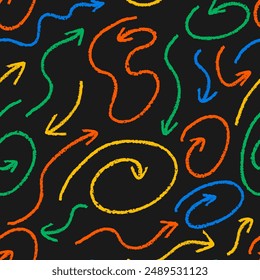 Patrón sin fisuras con líneas de crayón coloridas squiggly caóticas. Fondo de esquema de Vector. Abstractas garabatos rizados y peculiares