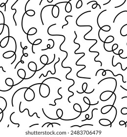 Seamless pattern with chaotic squiggly lines. Vector outline background. Abstract curly and quirky doodles