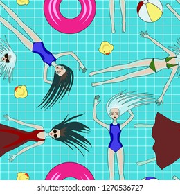 Seamless pattern with chaotic swimming girls in the pool. Endless ornament in bright colors with floating in the water girls. Summer pattern with pool, tube, girls in bathing suits and dark glasses.