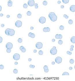 Seamless Pattern with Chaotic Watercolor Blue Bubbles on White. Vector Illustration.