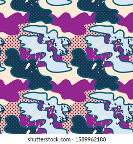 Seamless pattern with chaotic wavy shapes in memphis style.