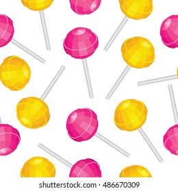 Seamless Pattern with Chaotic Yellow and Pink Lollipops on White Background. Vector Low Poly  Illustration. Print for Wrapping Paper Fabric and Wallpapers.