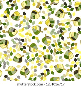 Seamless pattern. Chaotically arranged colored leaves. Colors of the spring landscape.