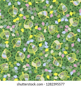 Seamless pattern. Chaotically arranged colored leaves. Colors of the spring landscape.
Background texture consists of chaos spots. Just for editing.