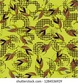 Seamless pattern. Chaotically arranged colored leaves. Colors of the spring landscape.
Background consisting of squares and circular brush strokes. Just for editing.
