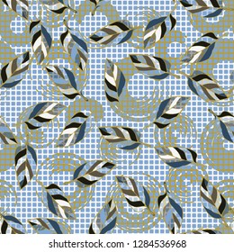 Seamless pattern. Chaotically arranged colored leaves. Colors of the spring landscape.
Background consisting of squares and circular brush strokes. Just for editing.