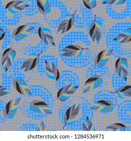 Seamless pattern. Chaotically arranged colored leaves. Colors of the spring landscape.
Background consisting of squares and circular brush strokes. Just for editing.