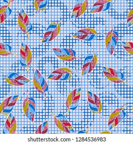 Seamless pattern. Chaotically arranged colored leaves. Colors of the spring landscape.
Background consisting of squares and circular brush strokes. Just for editing.
