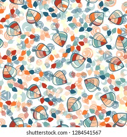 Seamless pattern. Chaotically arranged colored leaves. Colors of the spring landscape.
Background consisting of different abstract shapes. Just for editing.