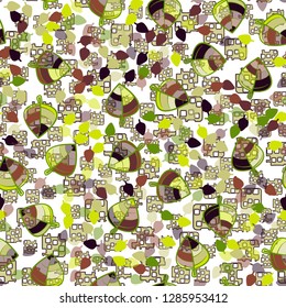 Seamless pattern. Chaotically arranged colored leaves. Colors of the spring landscape.
Background consisting of perforated elements. Just for editing.