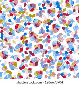 Seamless pattern. Chaotically arranged colored leaves. Colors of the spring landscape.
Background consisting of stained zigzag spots. Easy to edit.