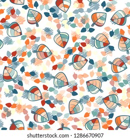 Seamless pattern. Chaotically arranged colored leaves. Colors of the spring landscape.
Background consisting of stained zigzag spots. Easy to edit.