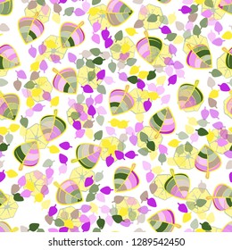 Seamless pattern. Chaotically arranged colored leaves. Colors of the spring landscape.
The background consists of sliced heptagons. Easy to edit.