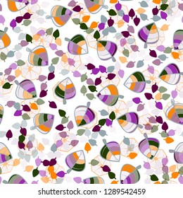 Seamless pattern. Chaotically arranged colored leaves. Colors of the spring landscape.
The background consists of sliced heptagons. Easy to edit.
