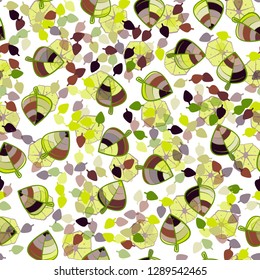 Seamless pattern. Chaotically arranged colored leaves. Colors of the spring landscape.
The background consists of sliced heptagons. Easy to edit.