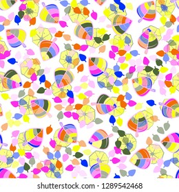 Seamless pattern. Chaotically arranged colored leaves. Colors of the spring landscape.
The background consists of sliced heptagons. Easy to edit.