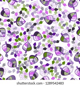 Seamless pattern. Chaotically arranged colored leaves. Colors of the spring landscape.
The background consists of sliced heptagons. Easy to edit.