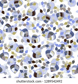 Seamless pattern. Chaotically arranged colored leaves. Colors of the spring landscape.
The background consists of sliced heptagons. Easy to edit.