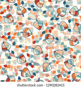 Seamless pattern. Chaotically arranged colored leaves. Colors of the spring landscape.
The background consists of squares separated by a pentagram. Easy to edit.