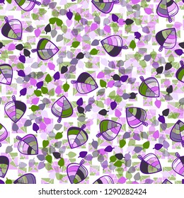 Seamless pattern. Chaotically arranged colored leaves. Colors of the spring landscape.
The background consists of squares separated by a pentagram. Easy to edit.