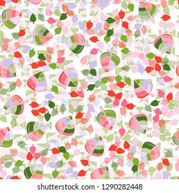 Seamless pattern. Chaotically arranged colored leaves. Colors of the spring landscape.
The background consists of squares separated by a pentagram. Easy to edit.