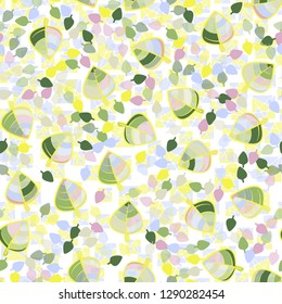 Seamless pattern. Chaotically arranged colored leaves. Colors of the spring landscape.
The background consists of squares separated by a pentagram. Easy to edit.