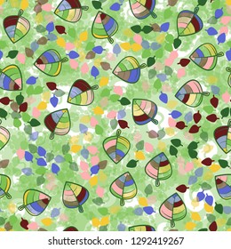Seamless pattern. Chaotically arranged colored leaves. Colors of the spring landscape
The background consists of whirlwinds with bubbles. Easy to edit.