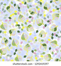 Seamless pattern. Chaotically arranged colored leaves. Colors of the spring landscape
The background consists of whirlwinds with bubbles. Easy to edit.
