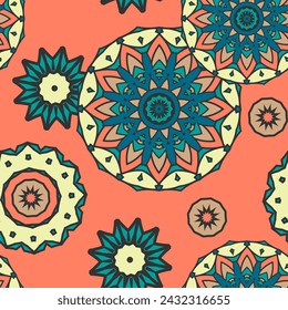 Seamless pattern with chaotically arranged ornamented round objects on a pink background. Vector illustration