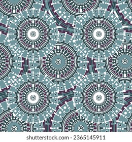 Seamless pattern with chaotically arranged round decorated mechanisms. Blue color palette. Vector illustration