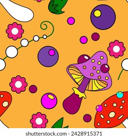 Seamless pattern with chaotically arranged stylized mushrooms, flowers and berries on a yellow background. Vector illustration