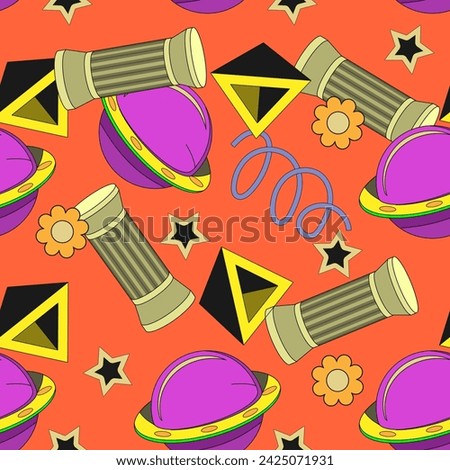 Seamless pattern with chaotically flying psychedelic objects - pyramids, planets, stars and antique columns. Vector illustration